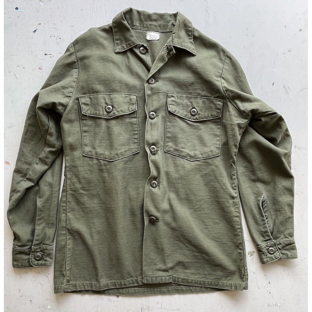 Men's VTG Army Fatigue Shirt Green 15 1/2 Sateen OG 107 Grunge BDU Military USA